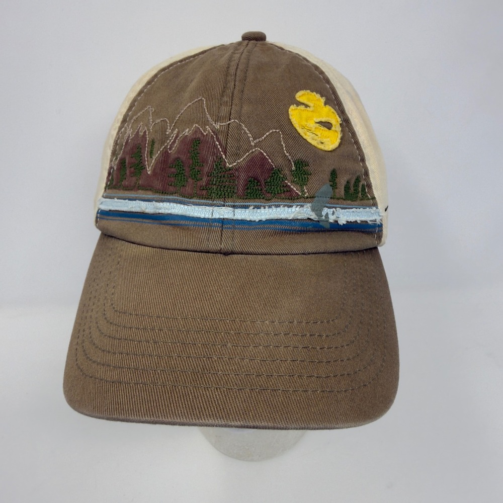 Distressed REI Embroidered Mountain‎ Lake Scene Baseball Cap Hat Brown Tan M/L